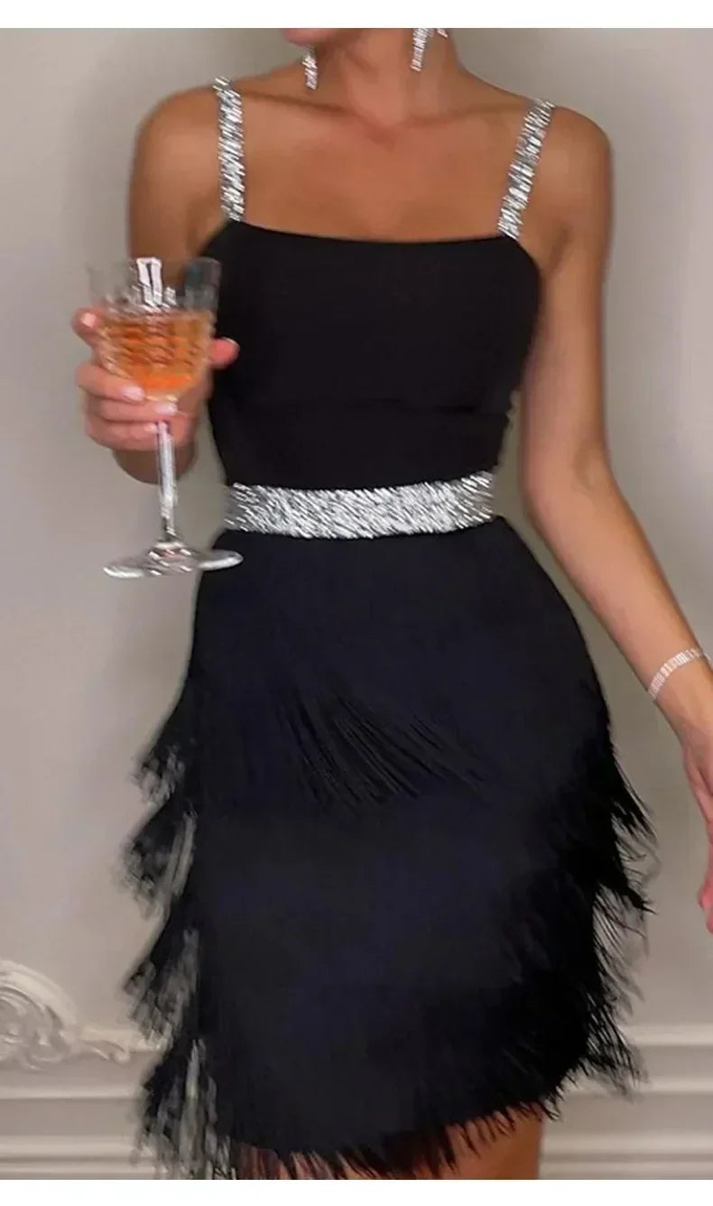 Women's Dresses New Tassel Sexy Low Cut Suspender Sleeveless Midi Party Dress 2025 Summer Fashion
