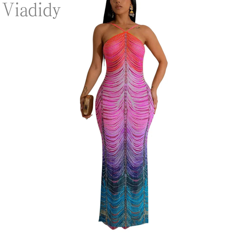 Women Sexy Print Sheer Mesh Sleeveless Spaghetti Strap Rhinestone Decor Floor-length Dress - JN Fashion Fusion