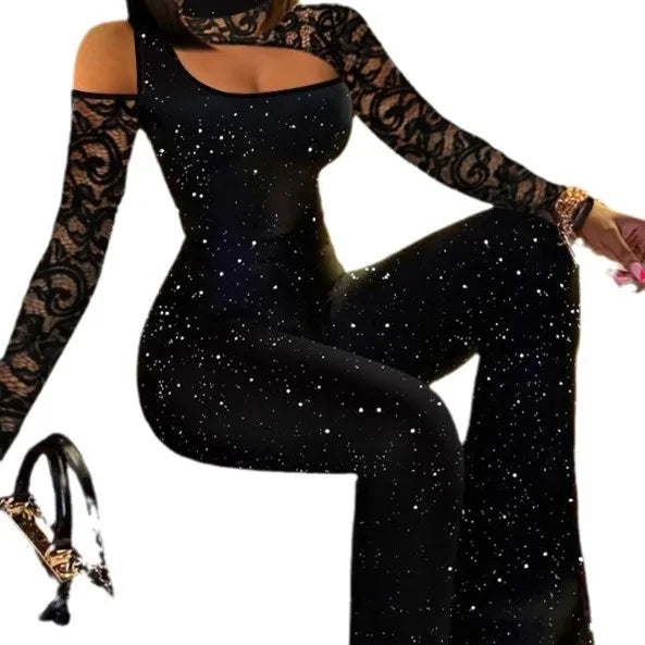 Women New Fashion Bodycon Jumpsuit Women Autumn Casual Sexy Slim Long Sleeve Glitter Lace Patch Flared Leg Jumpsuit