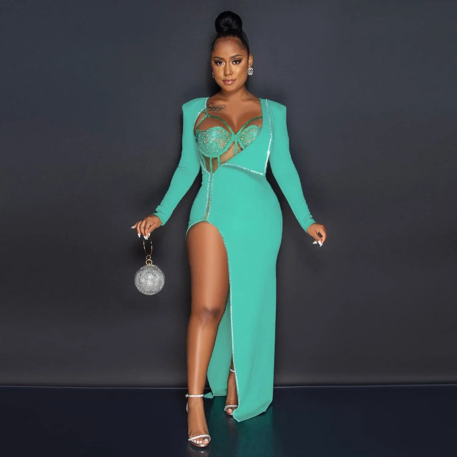 Rhinestone Crystal Night Club Dress Sexy Women Two Pieces Diamond Long Party Dress With Bodysuit