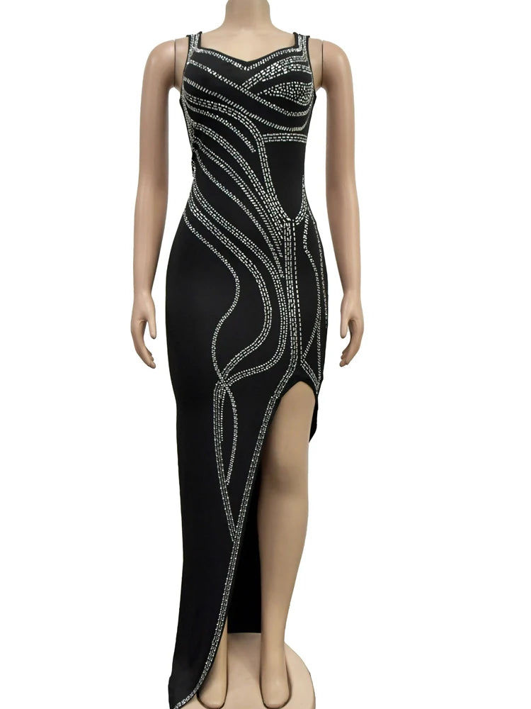 Beyprern Women's Rhinestones Décor Leg Slit Maxi Dress Glam Sleeveless Diamonds Slim Party Club Dress Birthday Outfits Vestidos - JN Fashion Fusion