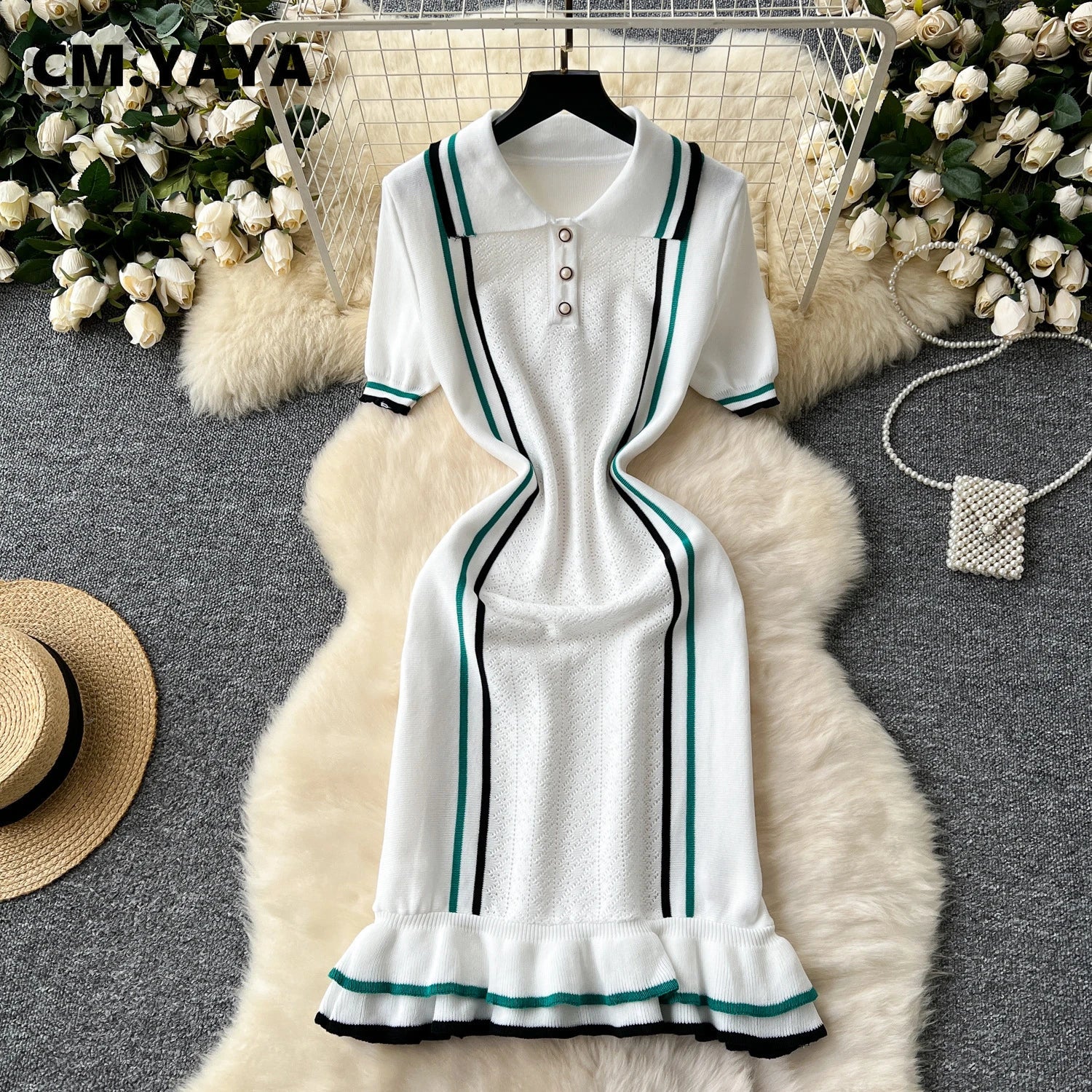 CM.YAYA Women Knit Ribbon Striped Short Sleeve V-neck Ruffles Mini Dress 2025 Summer Club Sexy Party Evening Dresses Vestidos - JN Fashion Fusion
