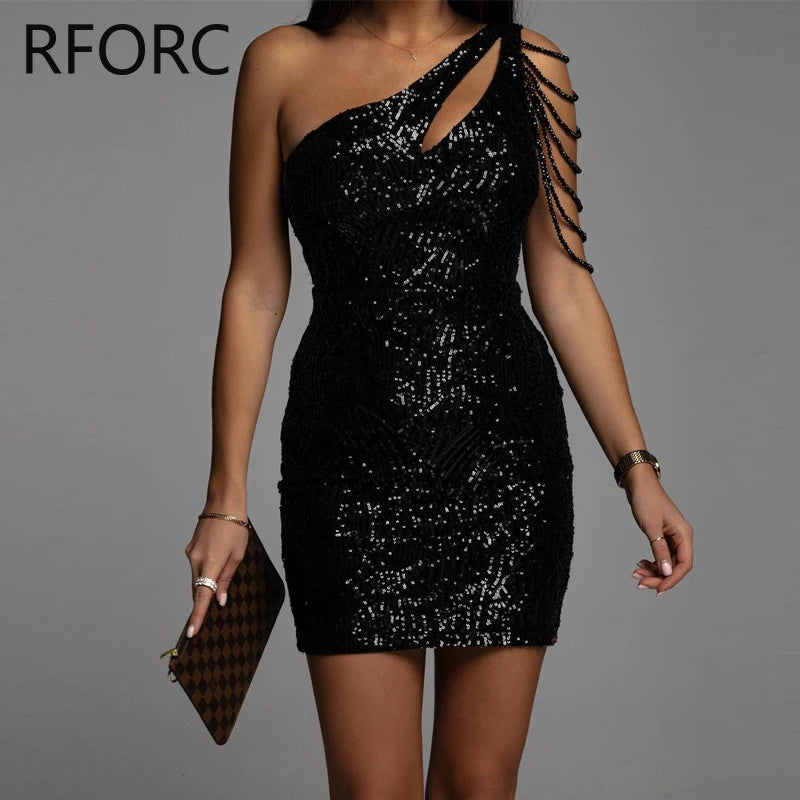 2023 Women One Shoulder Daigonal Collar Sequins Sleeveless Hollow Out Mini Bodycon Dress - JN Fashion Fusion