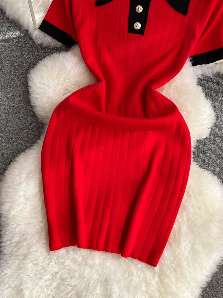 Polo Collar Patchwork Dresses Office Lady Casual Short Sleeve Knitted Dress Slim Mid Length Women Spring Summer Streetwear - JN Fashion Fusion