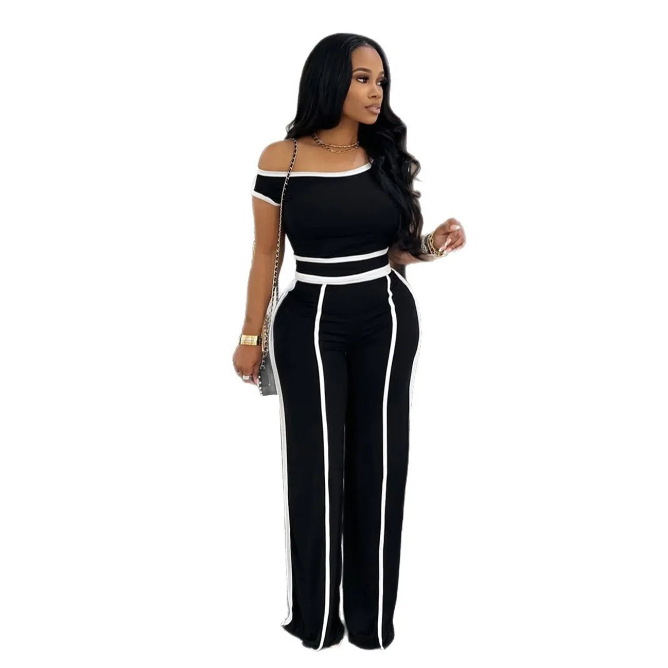 Pant Set Women Two Piece Sets Oblique Shoulder Short Sleeve Y2k Tops Wide Leg Long Pants High Tight Waist Elegant Streetwear - JN Fashion Fusion