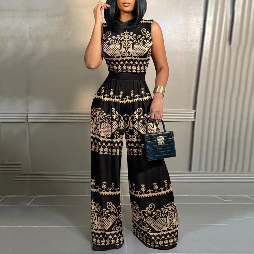 Elegant Women Stand Neck Slim Long Sleeve Bodysuits Fall/winter Fashion Print Wide Leg Rompers Casual Waist Jumpsuits Streetwear - JN Fashion Fusion