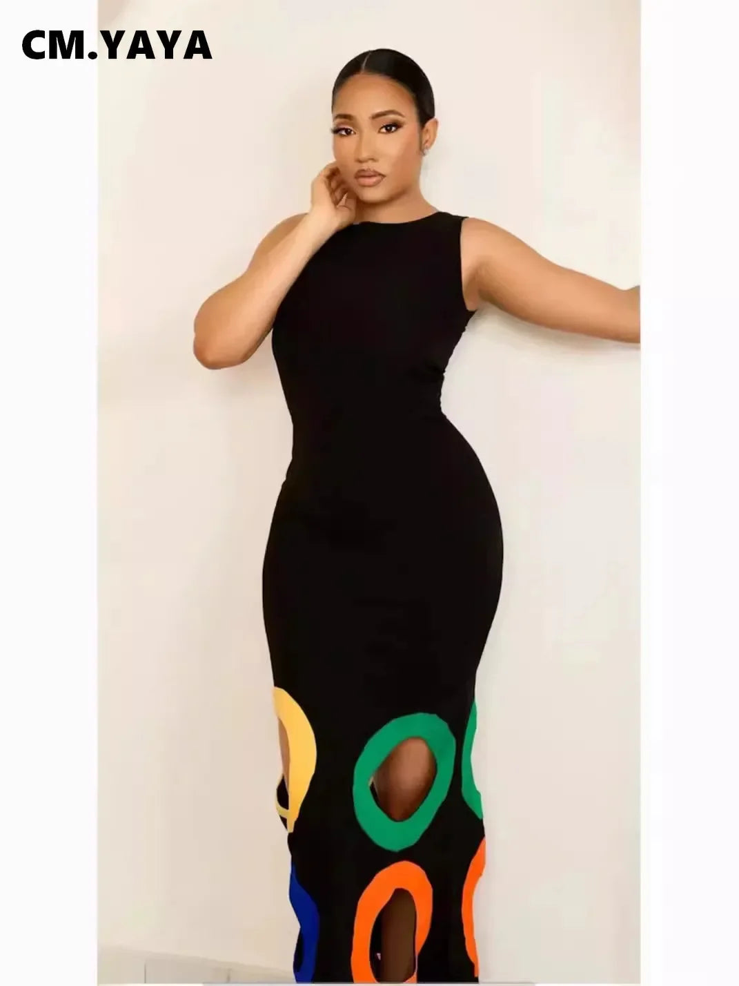 CM.YAYA Women Sleeveless O-neck Cutout Roll Hollow Out Bodycon Midi Maxi A-line Dress Sexy Birthday Night Party Vestidos Dresses