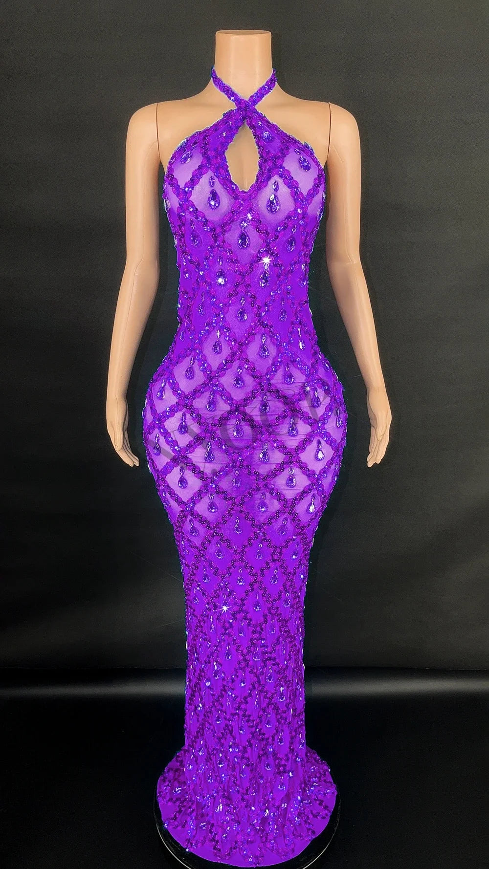 Sparkly Rhinestones Long Dress for Women Sexy V Neck Backless Mesh Transparent Celebrate Evening Wedding Prom Birthday Dress - JN Fashion Fusion