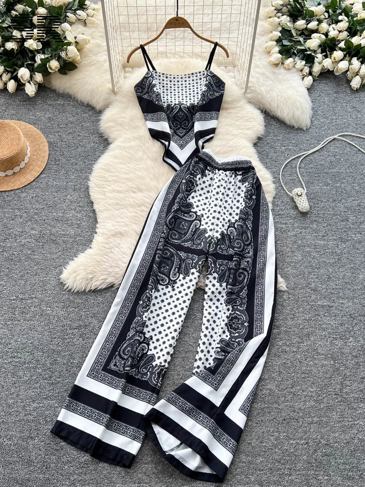 SINGREINY Sexy Print Vintage 2pcs Sets Women Sleeveless Strapless Tops+Wide Leg Pants Summer Ethnic Style Backless Outdoor Suit - JN Fashion Fusion