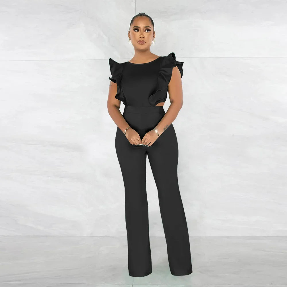 Solid Ruffled Sleeveless Jumpsuit Women Summer Rompers Bodysuits O Neck High Waist Wide Leg Pant Jumpsuit Streetwear Overalls - JN Fashion Fusion