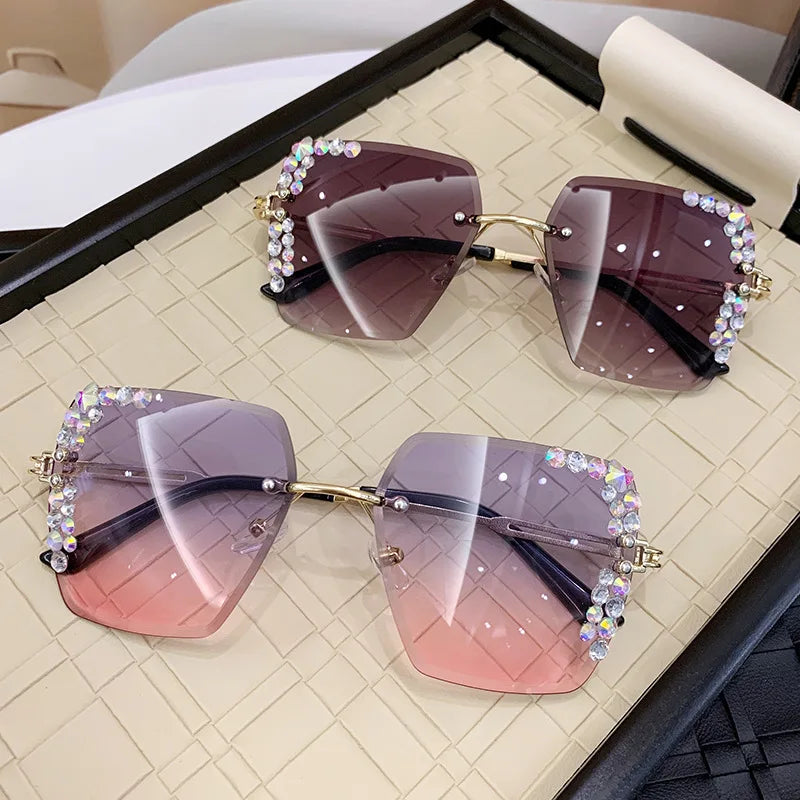 1 pair of fashionable women's square frameless gradient lens glasses with crystal decoration and metal material - JN Fashion Fusion
