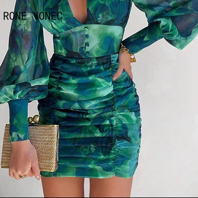 Women Chic Plunge Ruched Waistband Button Chiffon Puff Lantern Sleeve Abstract Mini Bodycon Print Dress - JN Fashion Fusion