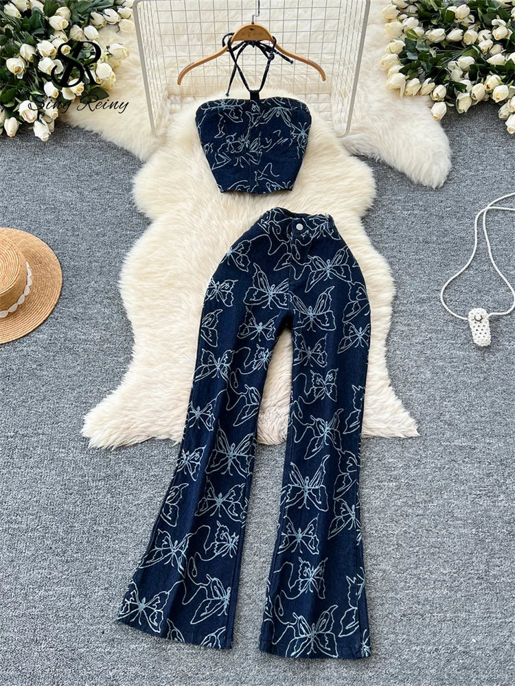 SINGREINY Butterfly Print Denim Two Pieces Sets 2025 Halter Strapless Sim Camis+Wide Legs Long Pant American Retro Fashion Suits - JN Fashion Fusion