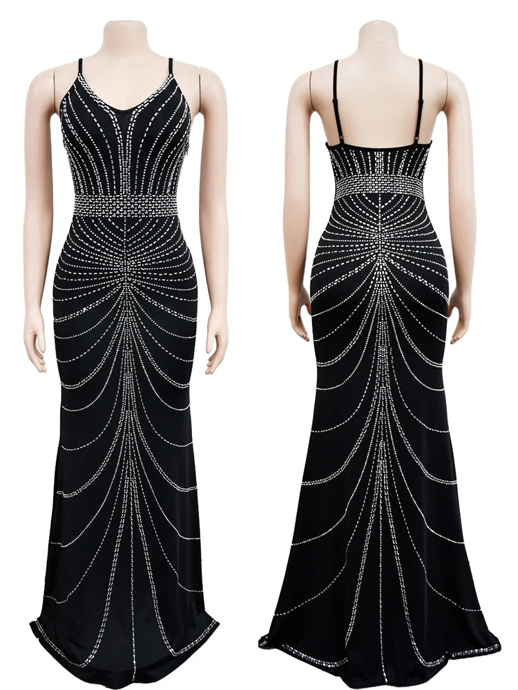 HBLL Luxury Sparkly Women Crystal Rhinestone Mermaid Evening Dresses Female Elegant Birthday Party Gown Mesh Maxi Dress
