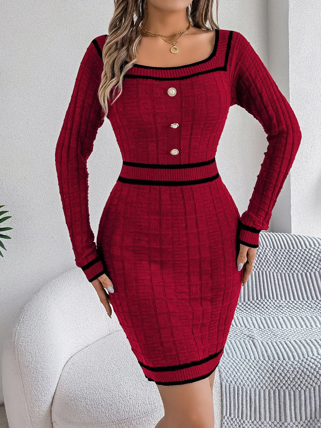 VigoCasey 2025 Women Blue Bodycon Knit Dress Autumn Winter Casual Long Sleeve Dress Lady Casual Square Neck Knitted Dresses - JN Fashion Fusion