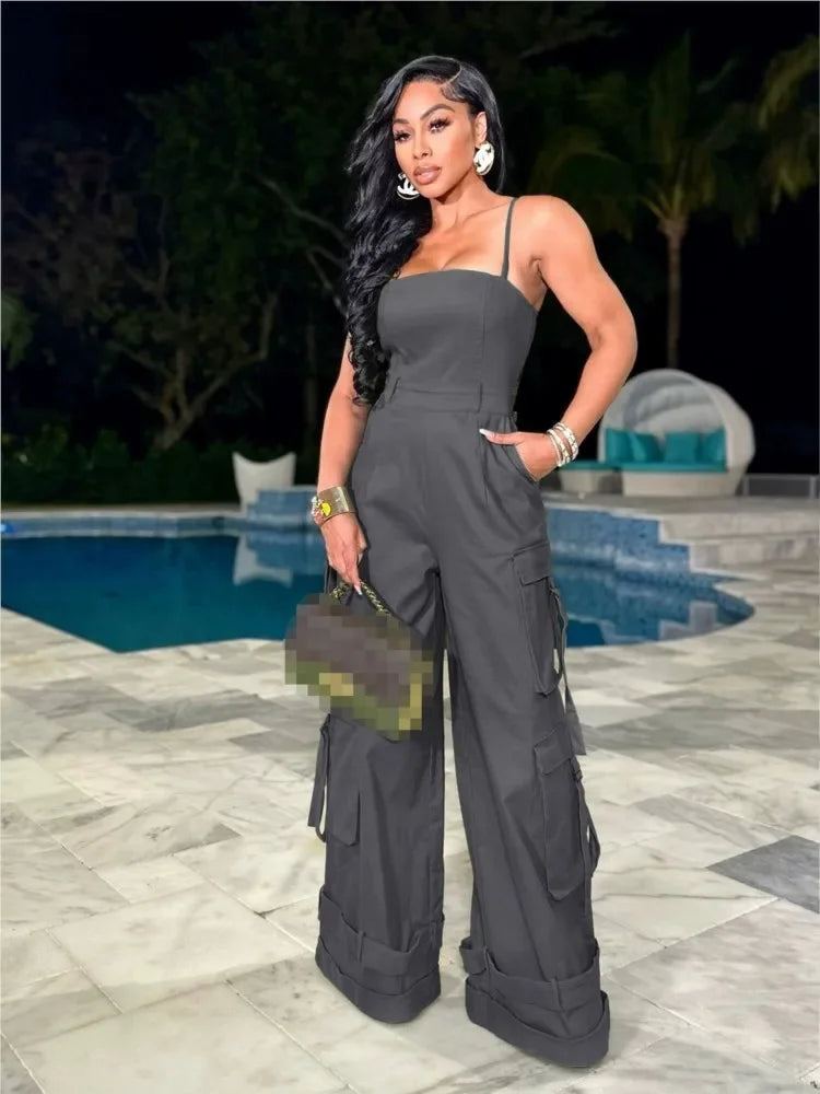 Spring Summer New Women's Sexy Sleeveless Skincare Casual Multi Pocket Workwear Jumpsuit Wide Leg Jumpsuit - JN Fashion Fusion
