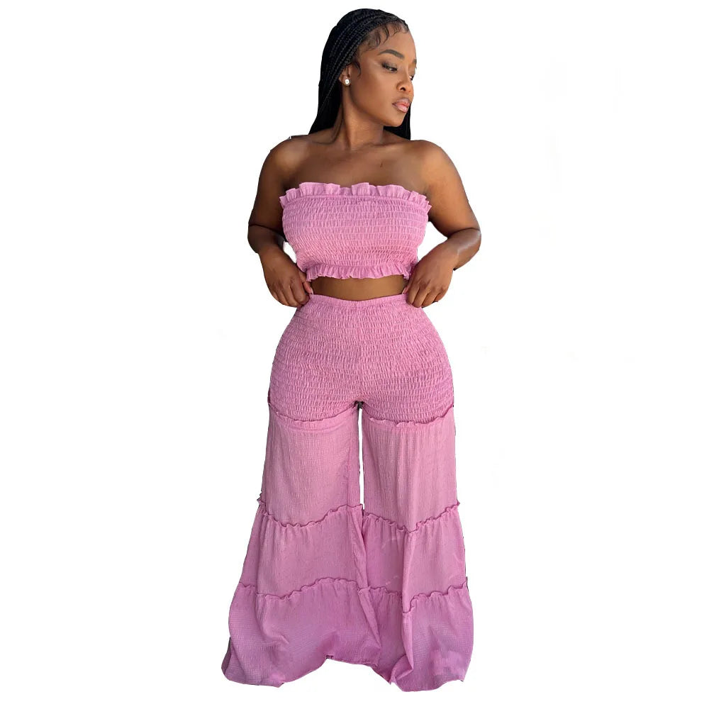 Women Summer Sexy Outfits 2pc Boho Pant Sets Ruffled Two Pieces Pants Set Ladies Strapless Crop Tube Top and Wide Leg Pants Suit - JN Fashion Fusion