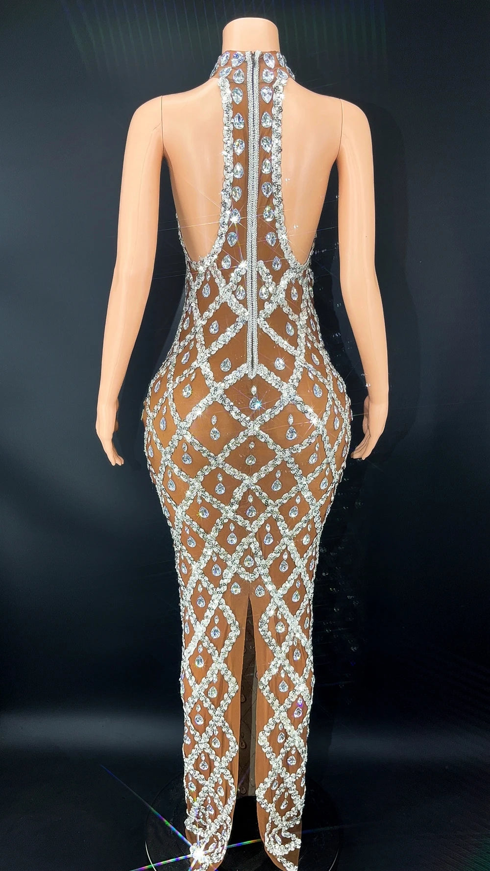 Elegant Dark Mesh Celebrate Evening Wedding Prom Gown Birthday Dress Photograph Wear Sparkly Rhinestones Sleeveless Long Dress - JN Fashion Fusion