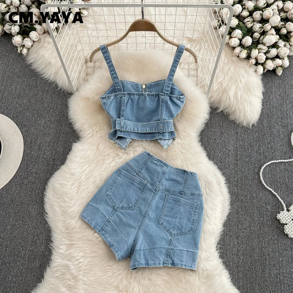 CM.YAYA Women Set Denim Strapless Belt Top +Mini shorts Sets Street Casual Two 2 Piece Set Sexy Party Outfit 2024 Summer - JN Fashion Fusion