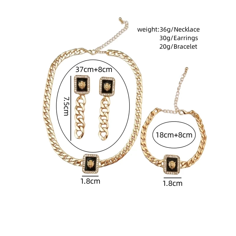 3PCS Vintage Gold Lion Head Jewelry Set for Women - Square Earring, Bracelet & Colorful Enamel Rhinestone Necklace - JN Fashion Fusion