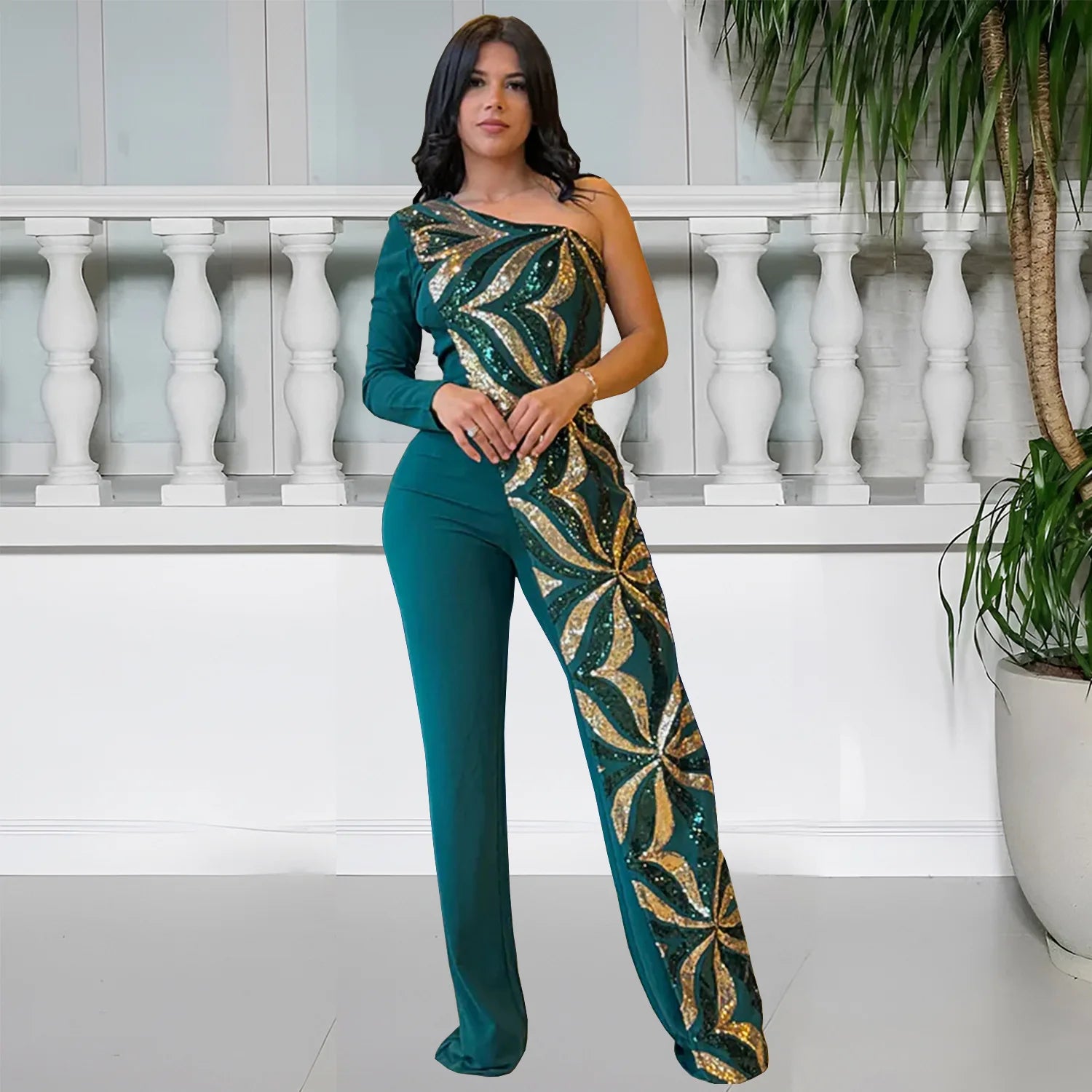 CM.YAYA Women One Long Sleeve Strapless Sequined Wide Leg Jumpsuits 2025 Summer Evening Party One Piece Set Romper Playsuit - JN Fashion Fusion