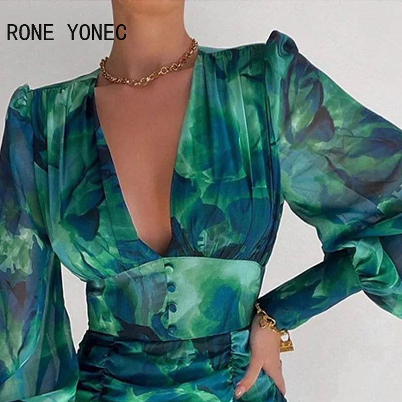 Women Chic Plunge Ruched Waistband Button Chiffon Puff Lantern Sleeve Abstract Mini Bodycon Print Dress - JN Fashion Fusion