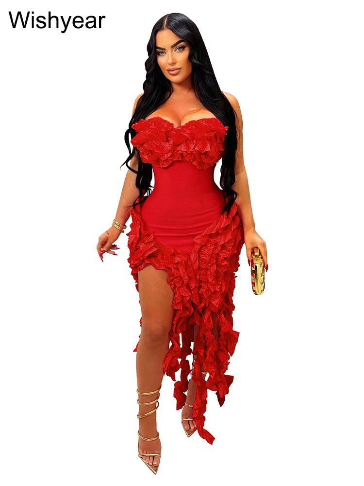 Sexy Girls Flower Irregular Party Long Dress Women Fall Strapless Ruffles Tassel Celebrities Elegant Birthdaay Prom Club Vestido