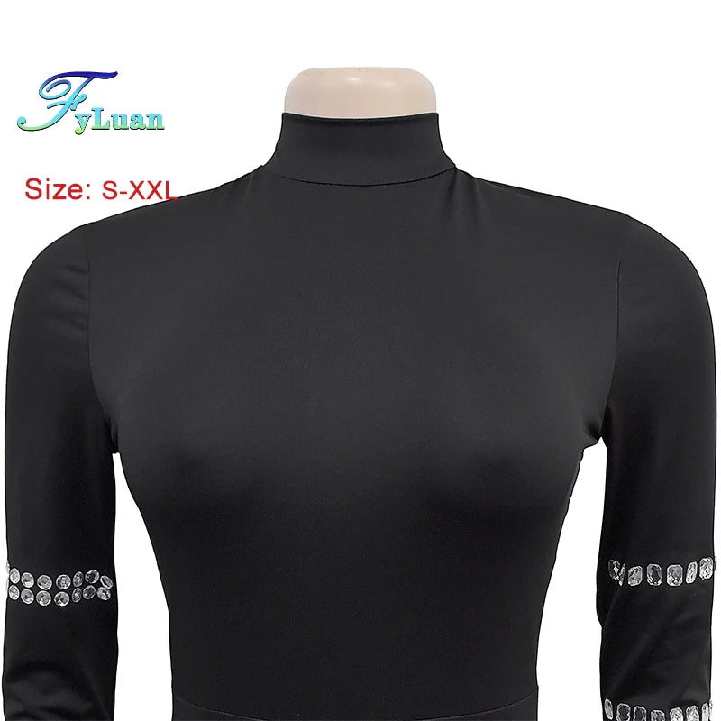 Slim Women Long Sleeve Jumpsuits With Diamonds Temperament Tracksuit Casual Solid Color Simple O NeckHoliday Women Outfit Pants