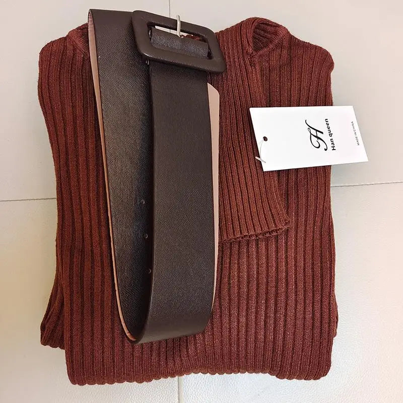 H Han Queen Knitted Turtleneck Sweater Bodycon Dress Bottoming Women Soft Elastic Autumn Winter Midi Party Dresses With Belt - JN Fashion Fusion