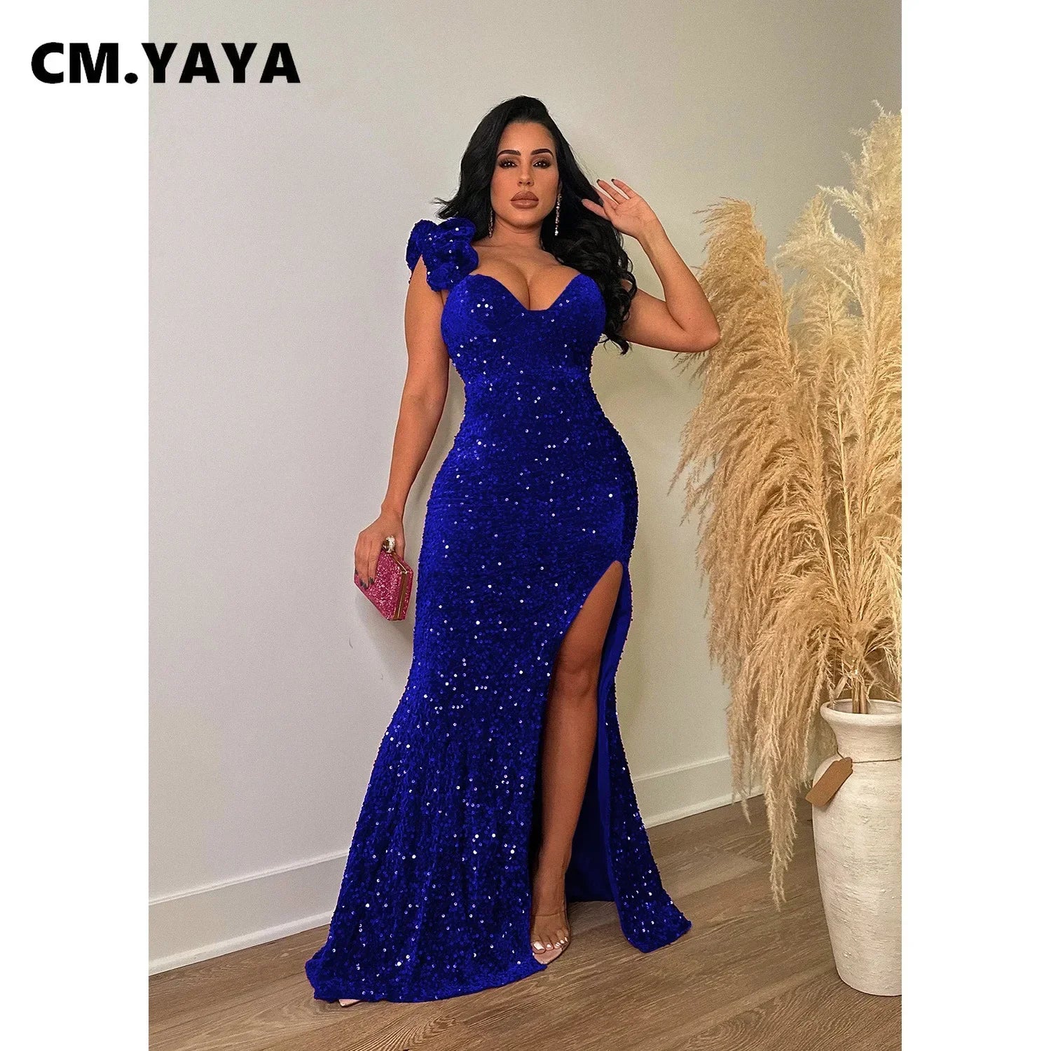 CM.YAYA Women One Shoulder Open Back Sequined High Side Split Mermaid Maxi Dress 2023 Sexy Club Evening Party Dresses Vestidos - JN Fashion Fusion