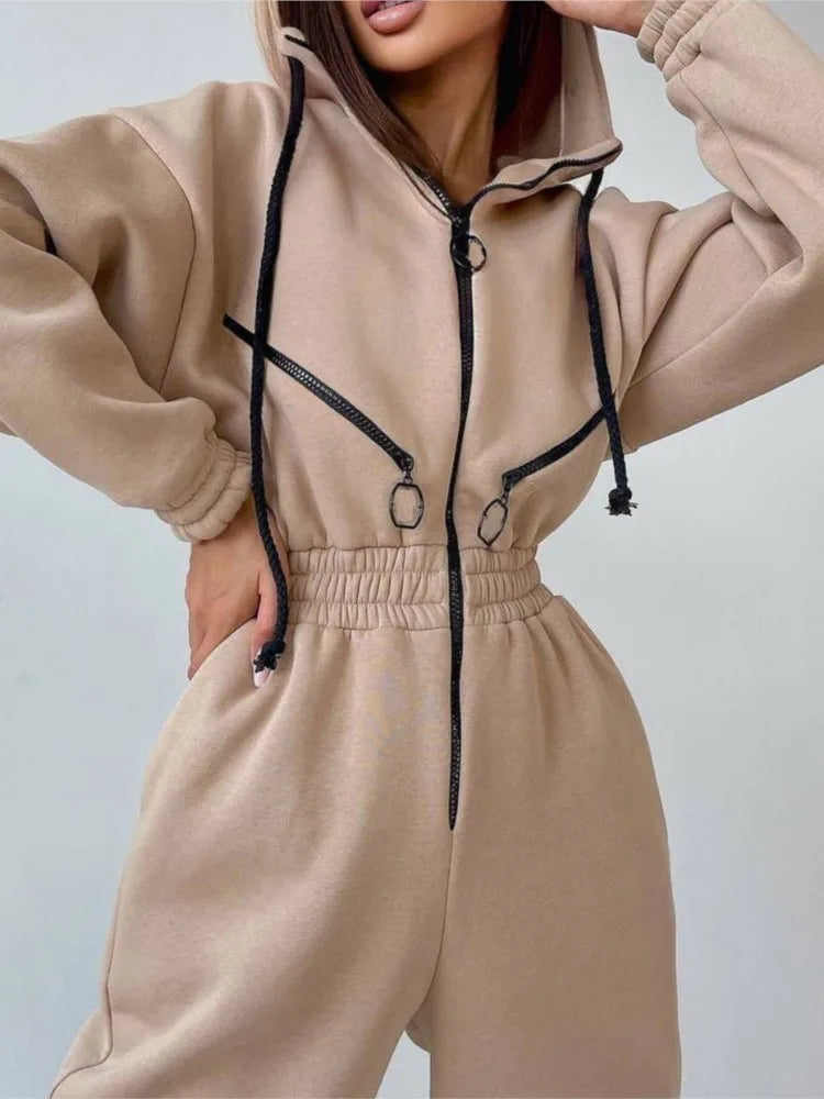 Casual Hooded Sweatshirt Women's Jumpsuits New Autumn And Winter Warm Half Zipper Slim Waist Trotter Female Sports Rompers 2025 - JN Fashion Fusion