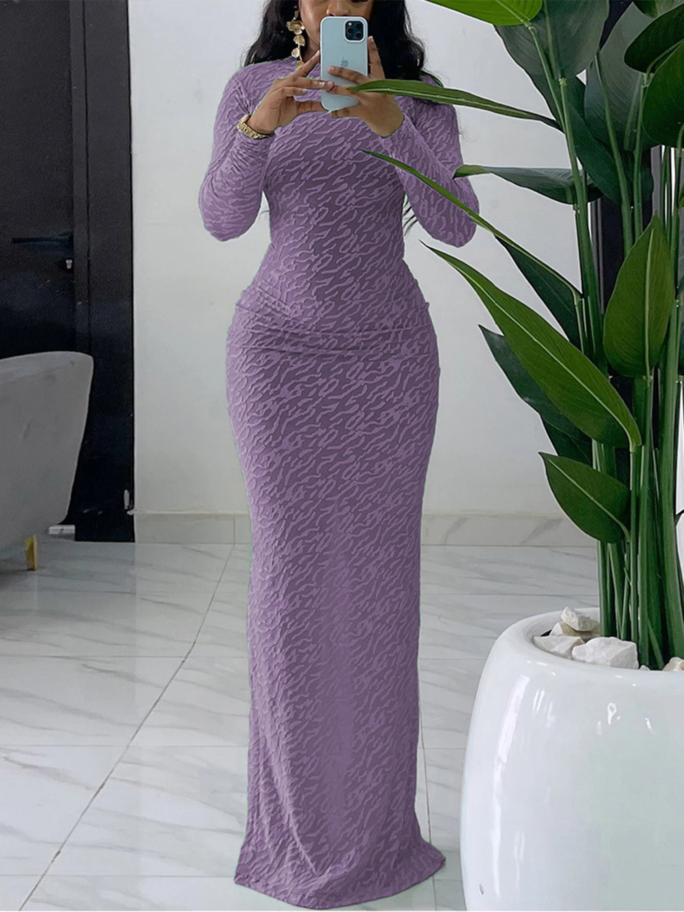 New Fashionable Round Neck Long Sleeve Flocked Slim European and American Women's Dress