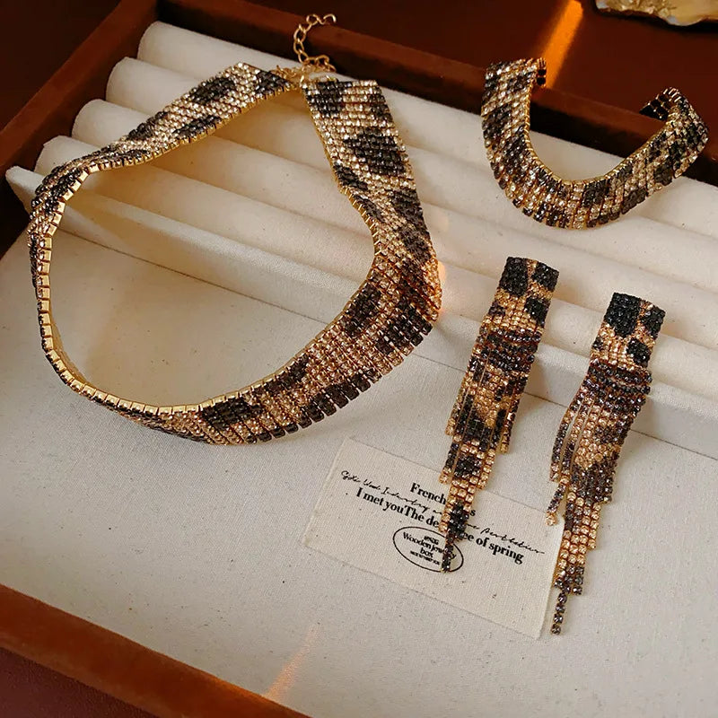 Women's Fashion Jewelry Set with Leopard Print and Inlaid Rhinestone Long Tassel Earrings and Statement Necklace and Bracelet - JN Fashion Fusion