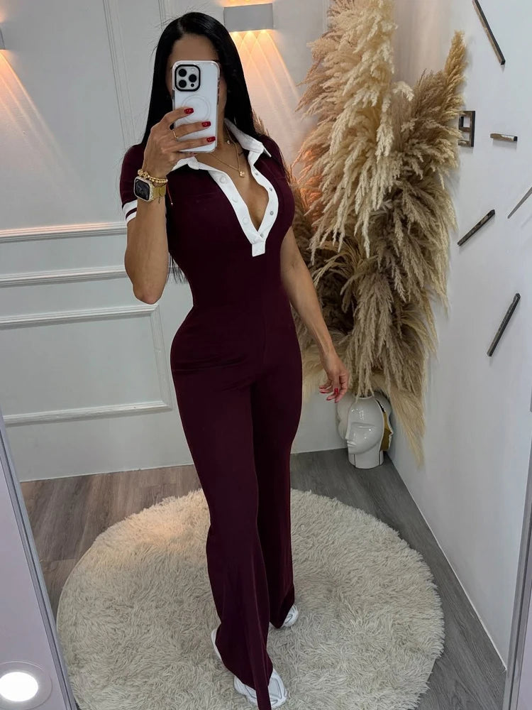 Beyprern Women's Turn-Down Collar Patchwork Wide Legs Jumpsuits Fashion Short Sleeve Stretchy Fitted Overall Night Club Outfits - JN Fashion Fusion