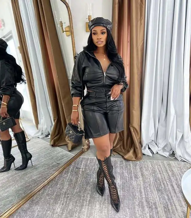 FAGADOER Sexy Leather Patchwork 2 Pieces Set for Woman Outfit Solid Long Sleeves Hooded Crop Top + Shorts Female Streetwear New