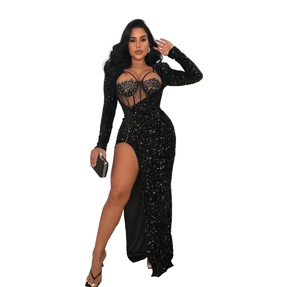 Two Piece Sets Bodysuit Sexy Women Sequin Dress Rompers Solid Slim Fit Sheath Full Sleeve Hip Wrap Dresses Set Party Gown - JN Fashion Fusion