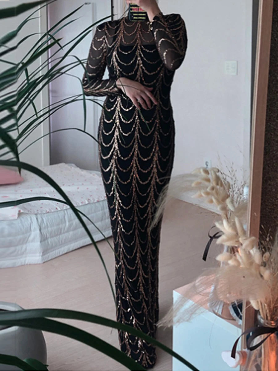 Missord Wave Sequin Party Dresses Elegant Women High Neck Long Sleeves See Though Bodycon Evening Prom Dress With Line Long Gown - JN Fashion Fusion