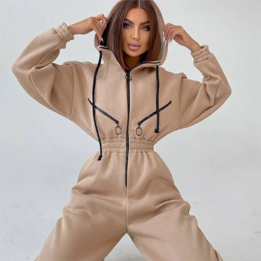 Casual Hooded Sweatshirt Women's Jumpsuits New Autumn And Winter Warm Half Zipper Slim Waist Trotter Female Sports Rompers 2025 - JN Fashion Fusion