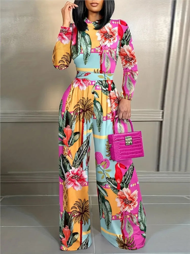 Elegant Women Stand Neck Slim Long Sleeve Bodysuits Fall/winter Fashion Print Wide Leg Rompers Casual Waist Jumpsuits Streetwear - JN Fashion Fusion