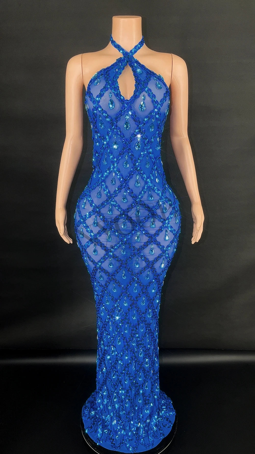 Sparkly Rhinestones Long Dress for Women Sexy V Neck Backless Mesh Transparent Celebrate Evening Wedding Prom Birthday Dress - JN Fashion Fusion