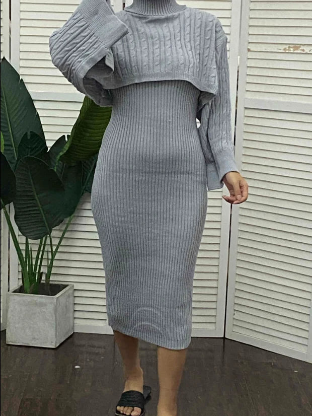 Women's Sweater Dress Set Autumn Winter New 2025 Solid Turtleneck Ribbed Sweater & Knitted Strap Dress Sets Matching Outfit - JN Fashion Fusion