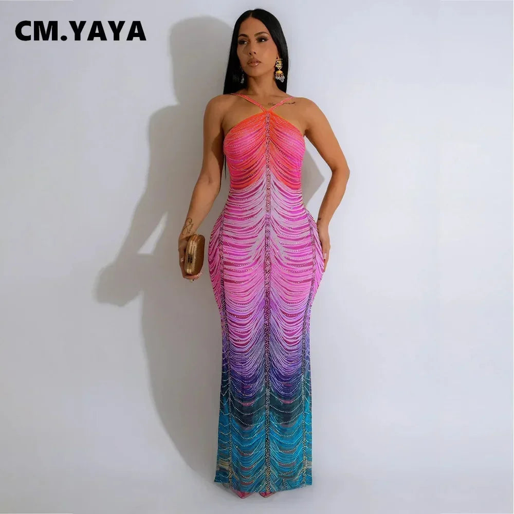 CM.YAYA 2024 Beach Tie Dye Print Diamonds Strap Halter Women's Long Dress Sexy Night Party Sleeveless Bodycon Pencil Dresses - JN Fashion Fusion