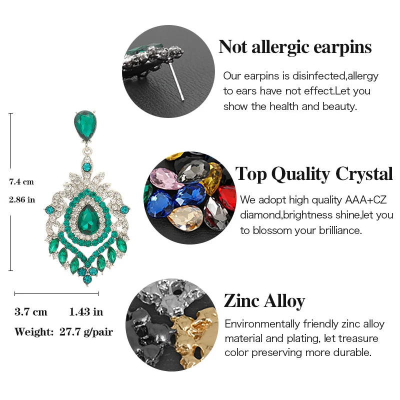 Vintage Statement Jewelry Wholesale Wedding Long Green Emerald Crystal Rhinestone Chandelier Dangle Drop Earrings for Women - JN Fashion Fusion