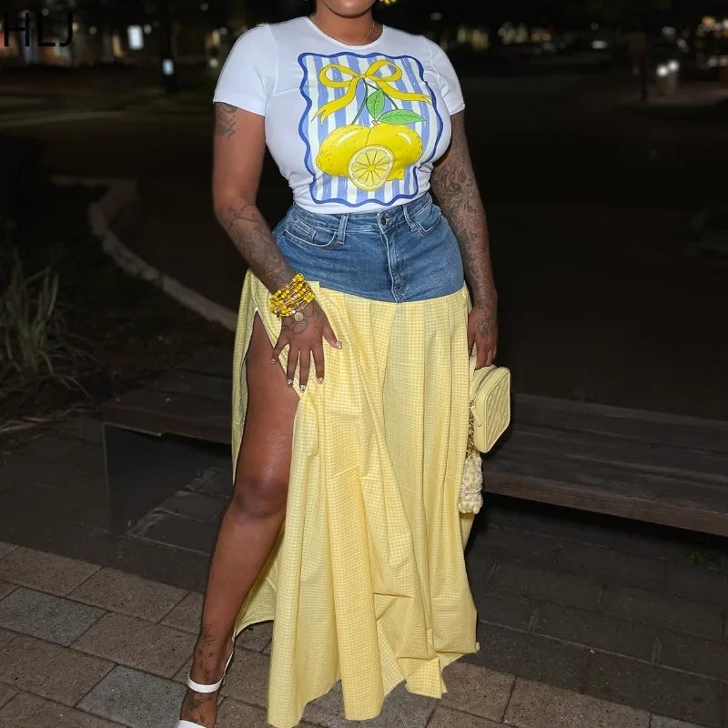 HLJ Y2K Streetwear Fashion Baddie 2 Piece Sets Outfits Hot Girl Short Sleeve T-shirt and Denim Patchwork Plaid Skirt Matching - JN Fashion Fusion