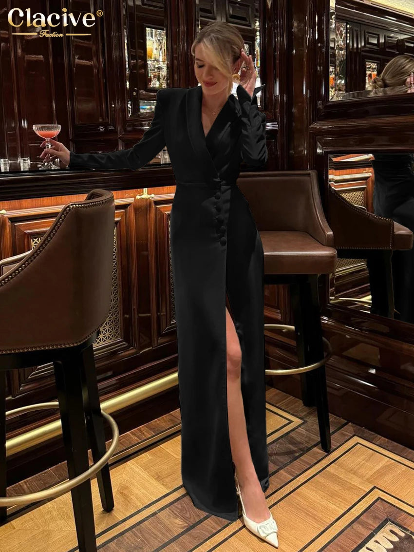 Clacive Fashion Slim White Dress Bodycon Lapel Long Sleeve Ankle Length Dress Party Elegant Classic Slit Dresses For Women 2024 - JN Fashion Fusion