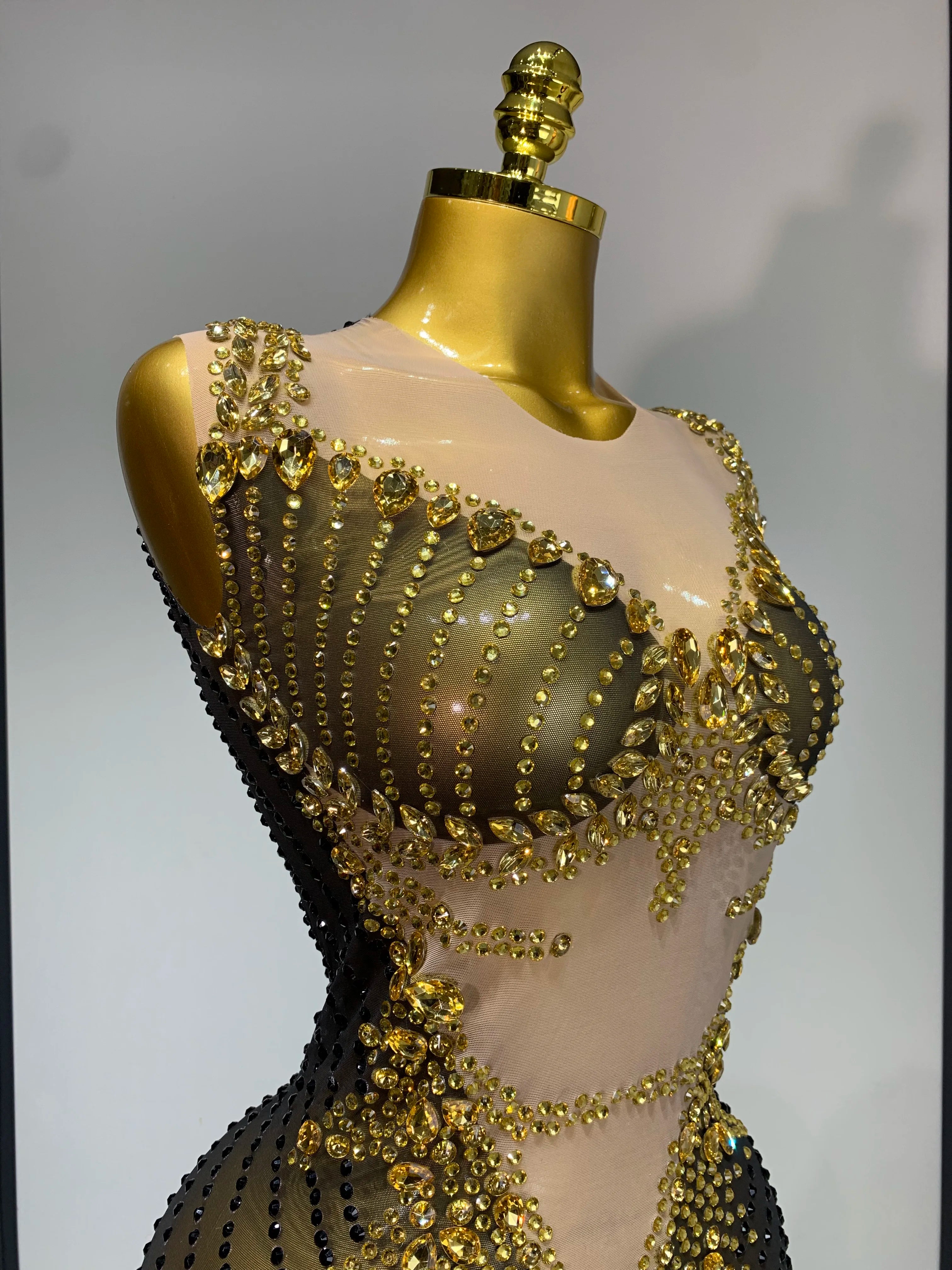Sparkly Gold Rhinestone Transparent Sleeveless Mini Dress Evening Birthday Celebrate Party Nightclub Dance Performance Outfit - JN Fashion Fusion