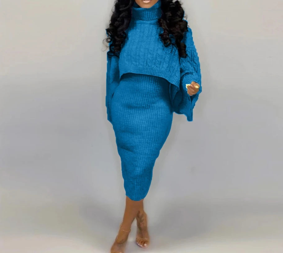 Women's Sweater Dress Set Autumn Winter New 2025 Solid Turtleneck Ribbed Sweater & Knitted Strap Dress Sets Matching Outfit - JN Fashion Fusion