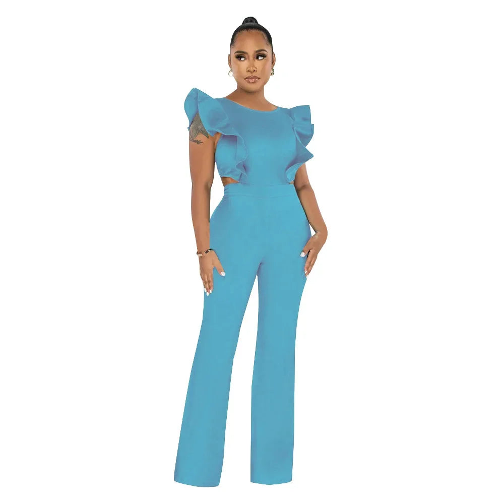 Solid Ruffled Sleeveless Jumpsuit Women Summer Rompers Bodysuits O Neck High Waist Wide Leg Pant Jumpsuit Streetwear Overalls - JN Fashion Fusion
