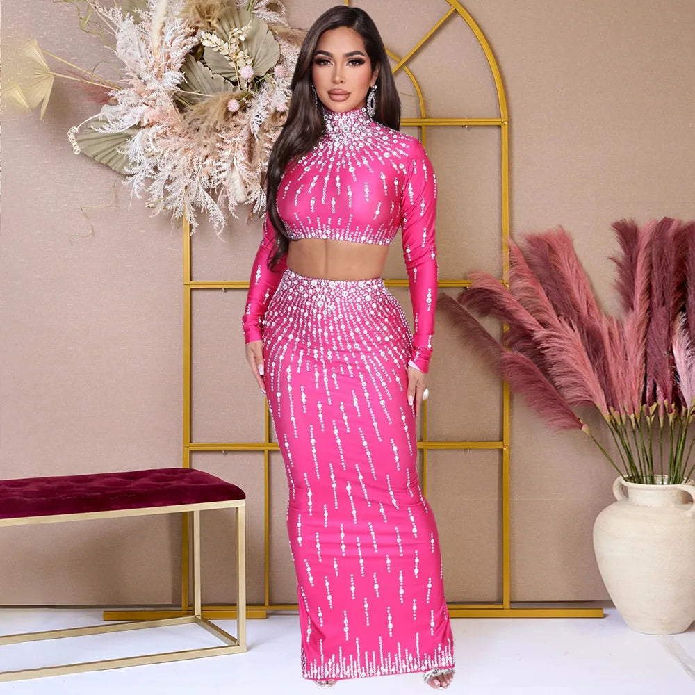 CM.YAYA Women Set Street long sleeve Print Crop Tops + High Waist Long Skirts Suits Sexy Party Holiday Two 2 Piece Sets Dress - JN Fashion Fusion