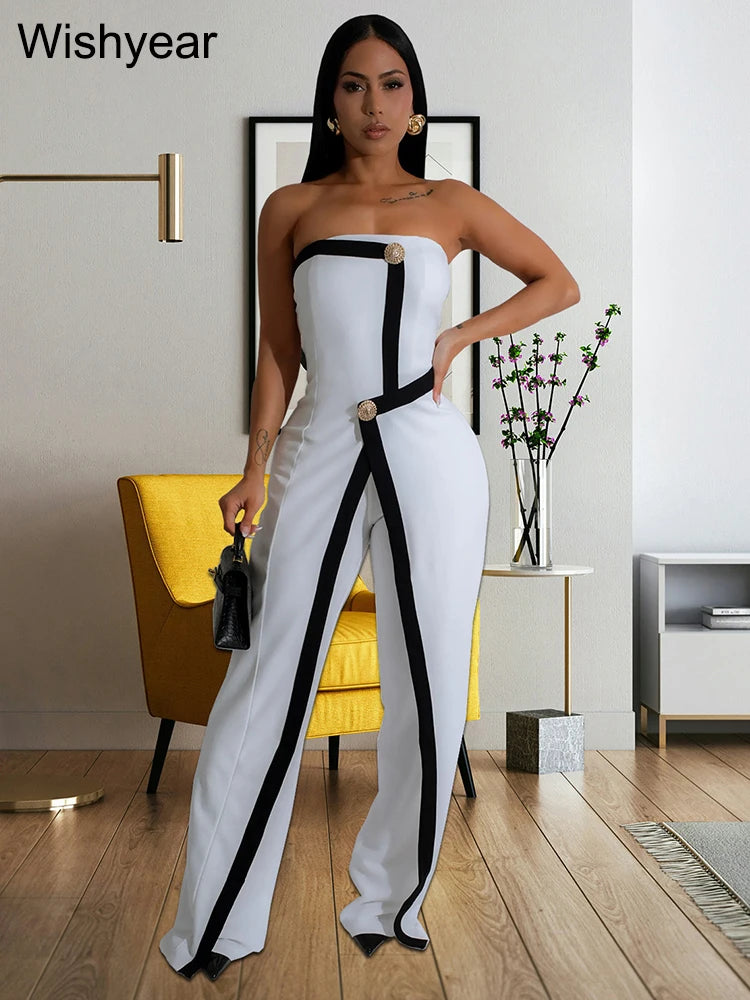 Wishyear Irregular Off Shoulder Sleeveless Strapless Jumpsuits Women Button Patchwork Wide Leg Pants Evening One Piece Outfits - JN Fashion Fusion